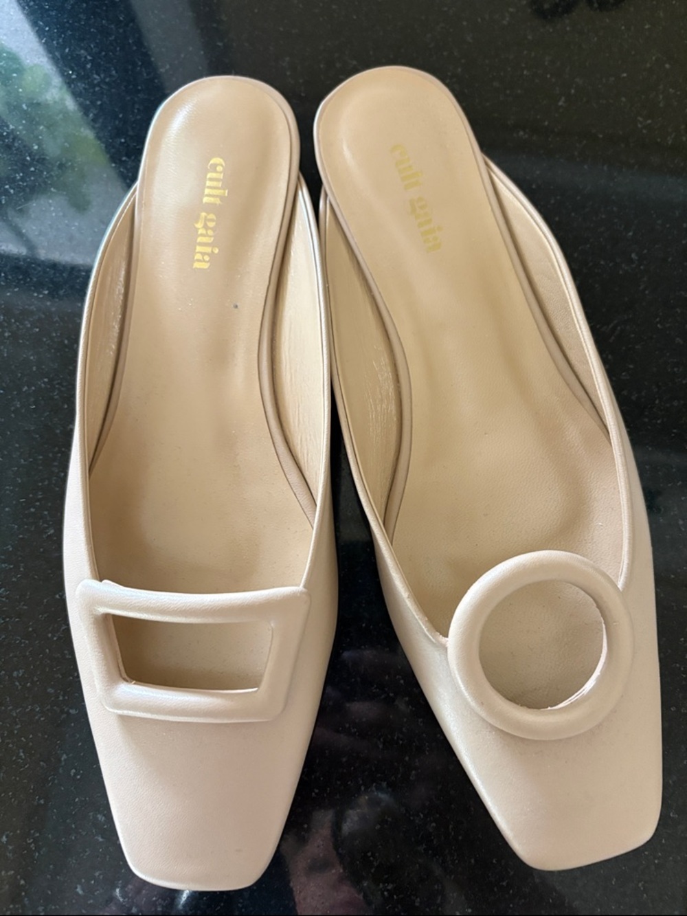 cult gaia Cream Slip-On Mules with Geometric Buckles